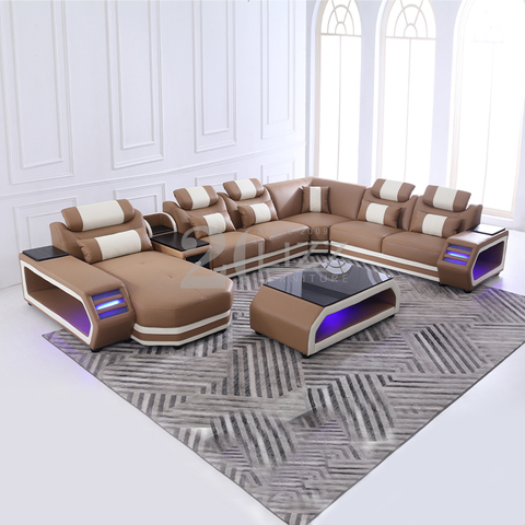 Sofá modular de couro com mesa