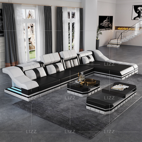 Sofá secional led de couro em forma de L com mesa de centro