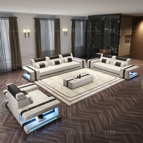 Sofá secional LED de lona elegante com mesa