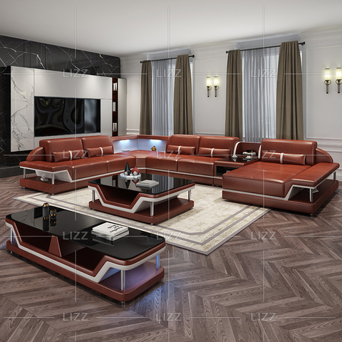 Sofá contemporâneo de couro com mesa