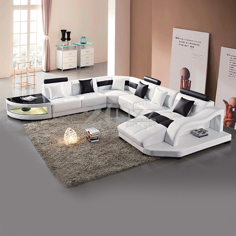 Sofá secional led de couro genuíno com mesa