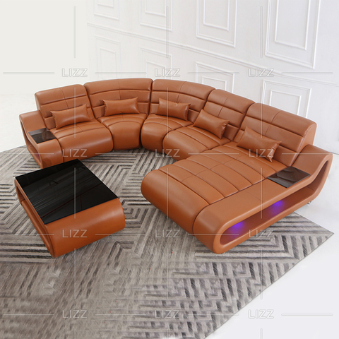 Sofá secional de lazer marrom escuro led com mesa