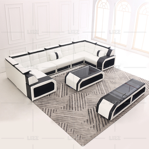 Sofá secional LED de lona elegante com mesa de centro